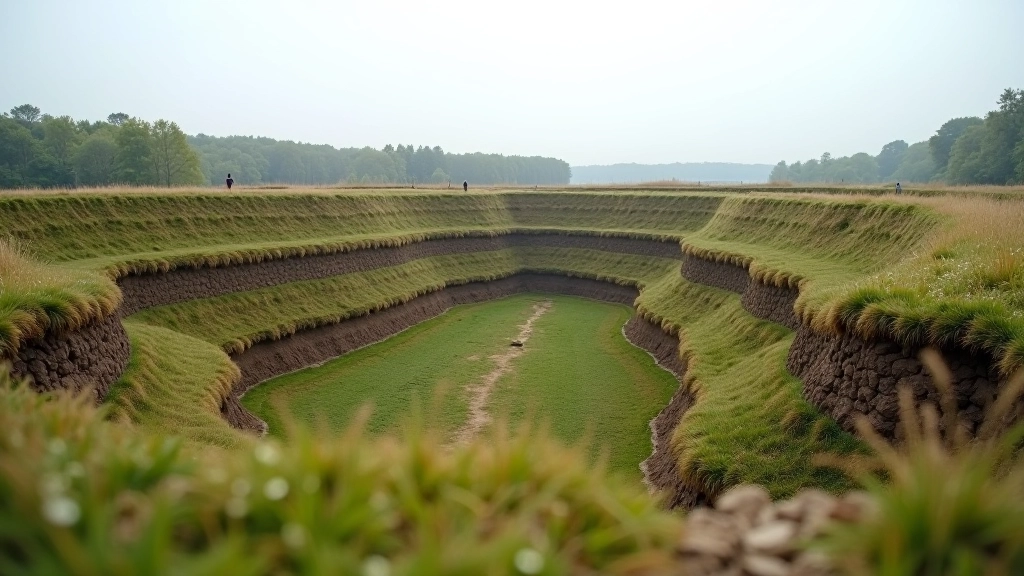 Close-up view of Jersika Hillfort's medieval earthwork ramparts showing layered defensive structures