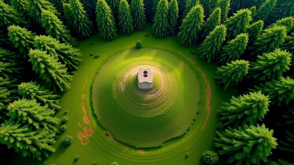 Aerial view of a historical burial mound surrounded by forest, showing earthwork formations