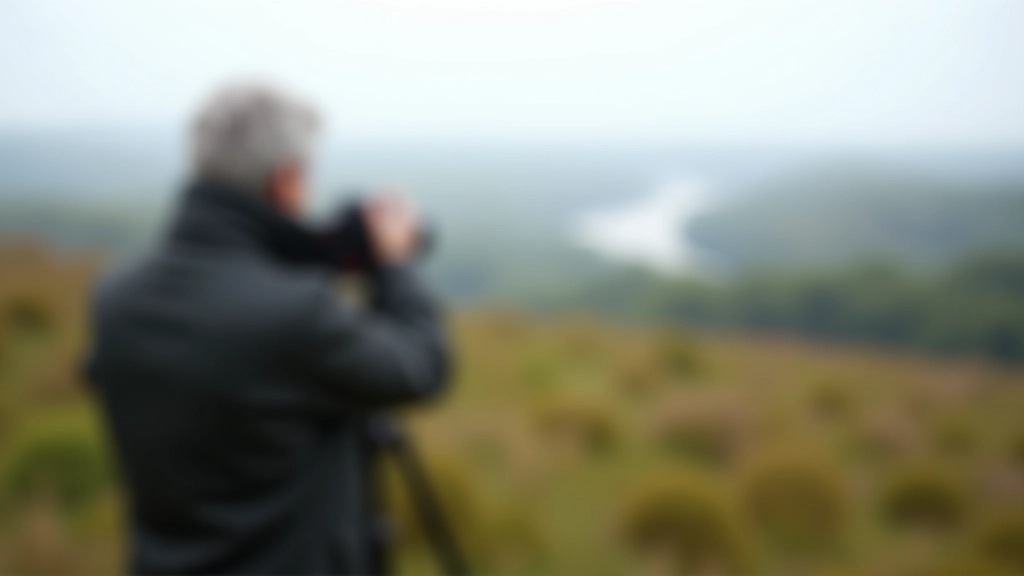 Photographer with camera on tripod at scenic viewpoint overlooking river landscape