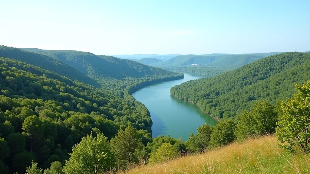 Panoramic viewpoint overlooking a river bend with rolling hills and forest landscape