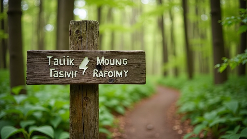 Close-up of trail signage and information plaque in a forest setting with accessibility features visible