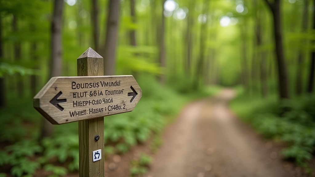 Trail marker sign showing directional arrows and distance information with green forest background and clear hiking path ahead